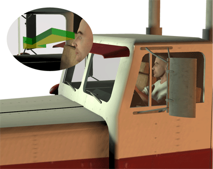 the truck driver's perspective shows that the motorcycle rider is almost completely invisible in the right lane close to the truck.