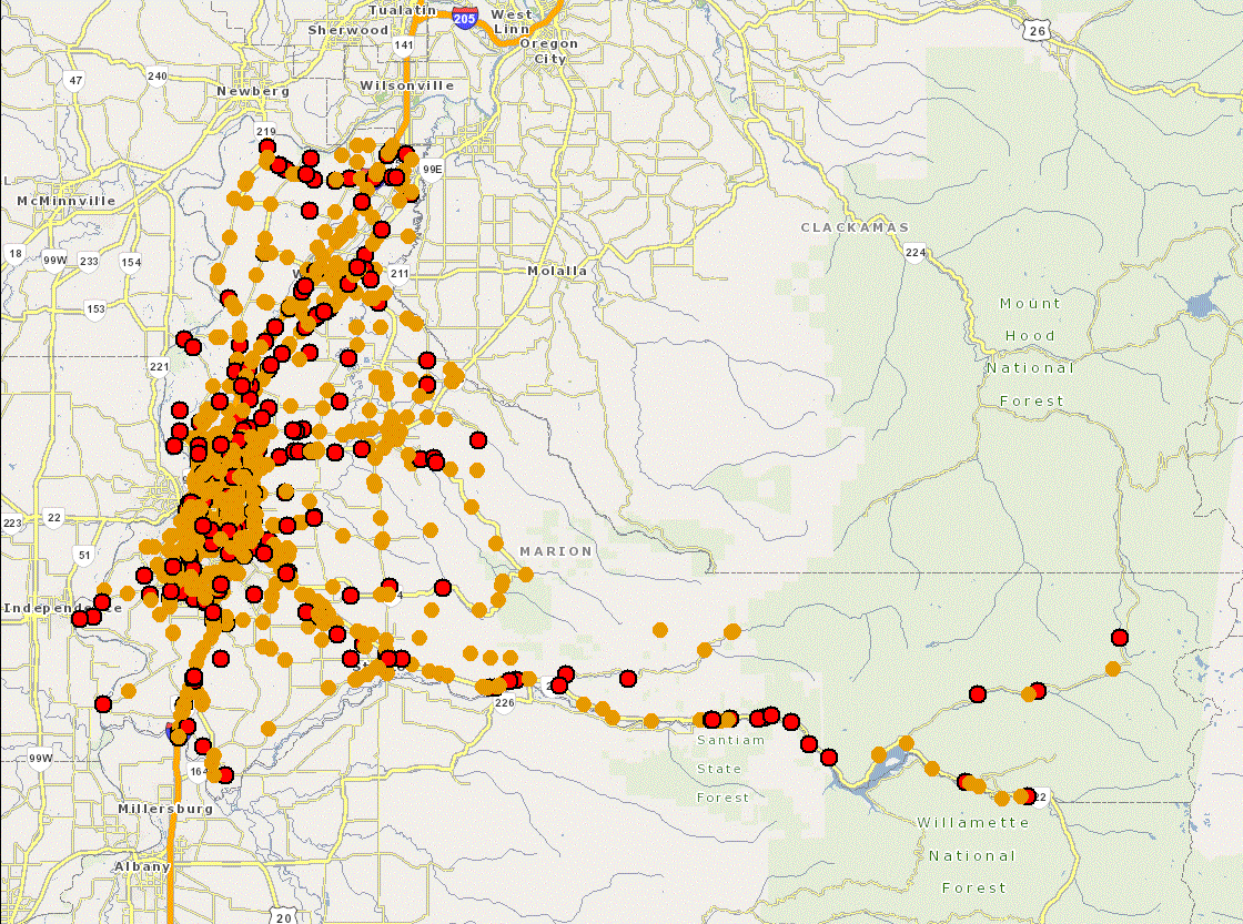 Marion County fatal and serious injury car crashes from 2016 through 2021 mapped by highway location within Marion County.