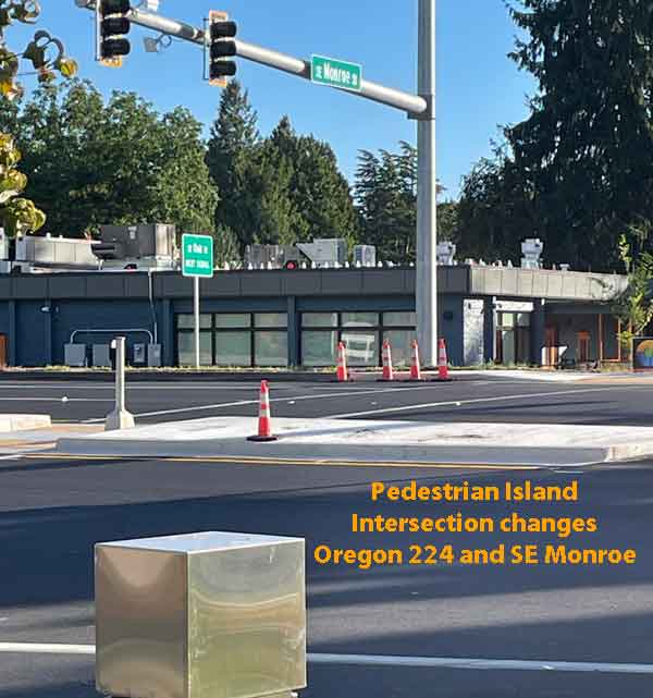 This is an example of the oregon department of transportation ODOT using their SPIS safety pririty index system to identify high priority and dangerous roads and intersections which need to be fixed and this intersection on SE Monroe and Highway 225 the Milwaukie Expressway is an example of a an SPIS safety improvement, stopping Monroe intersection from being able to turn left onto the highway, while adding a pedestrian island to the middle of the wide highway.