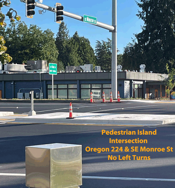 This is an example of the oregon department of transportation ODOT using their SPIS safety pririty index system to identify high priority and dangerous roads and intersections which need to be fixed and this intersection on SE Monroe and Highway 225 the Milwaukie Expressway is an example of a an SPIS safety improvement, stopping Monroe intersection from being able to turn left onto the highway, while adding a pedestrian island to the middle of the wide highway.