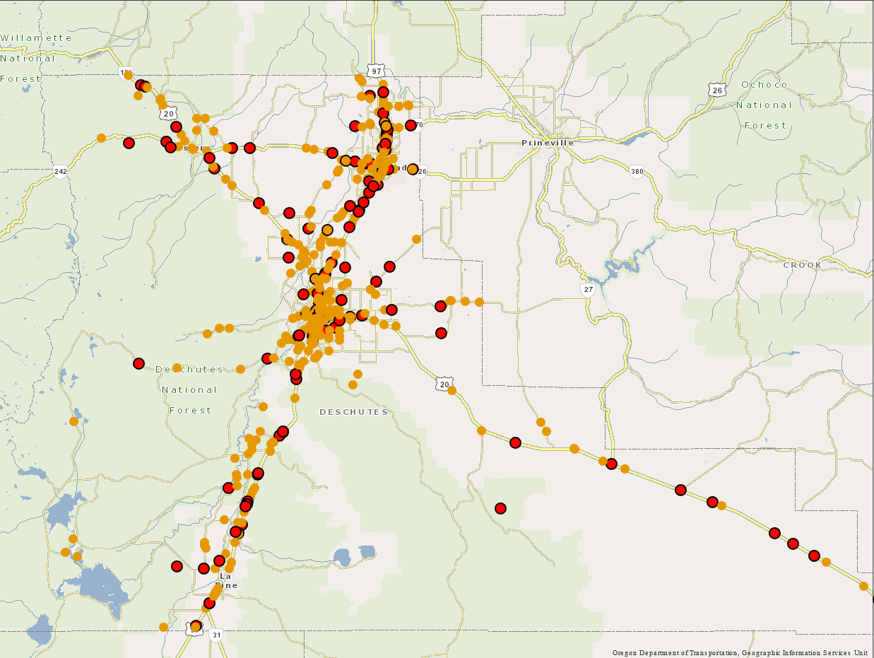 Deschutes County fatal and serious injury car crashes from 2016 through 2021 mapped by highway location within Deschutes County.