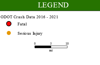 legend for the map of Marion County fatal and serious injury car crashes from 2016 through 2021 mapped by highway location within Marion County.
