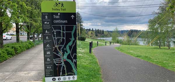 Beginning of the Trolley Trail in Milwaukie marker signs like these appear along the way to Oregon City highlighting close by places of interest