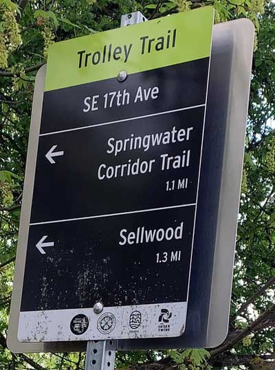 Beginning of the Trolley Trail in Milwaukie, 1.3 miles to Portland's Sellwood neighborhood and 1 mile to connect with the Springwater Trail via a separate dedicated bike path.