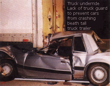 Truck rear guards could save many lives in car accidents, bicycle, pedestrian, motorcycle, and pedestrian fatalities. The image shows the disastrous consequences of a car in a rear underride crash with passengers and car driver in serious harm.